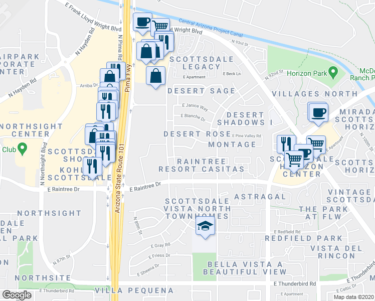 map of restaurants, bars, coffee shops, grocery stores, and more near 9077 East Butherus Drive in Scottsdale