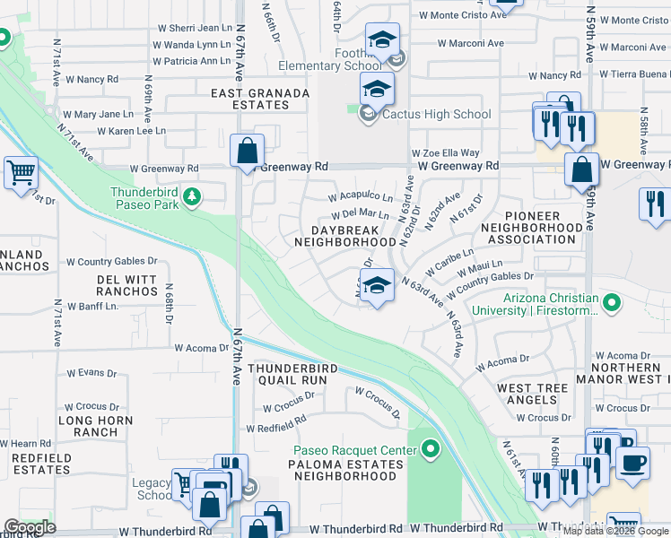 map of restaurants, bars, coffee shops, grocery stores, and more near 6519 West Port Royale Lane in Glendale