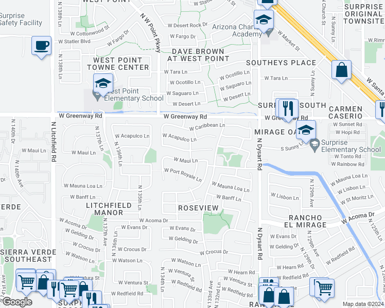 map of restaurants, bars, coffee shops, grocery stores, and more near 13365 West Port Au Prince Lane in Surprise