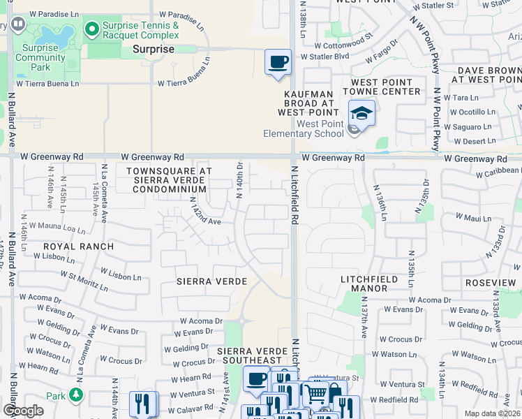 map of restaurants, bars, coffee shops, grocery stores, and more near 13985 West Maui Lane in Surprise