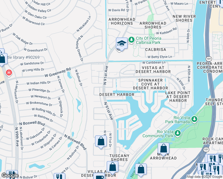 map of restaurants, bars, coffee shops, grocery stores, and more near 9047 West Maui Lane in Peoria