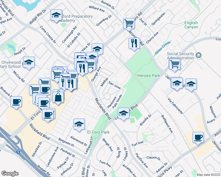 map of restaurants, bars, coffee shops, grocery stores, and more near 153 Tossa Del in Lake Forest