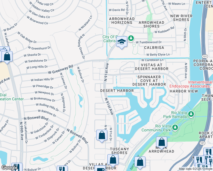 map of restaurants, bars, coffee shops, grocery stores, and more near 15031 North 91st Lane in Peoria