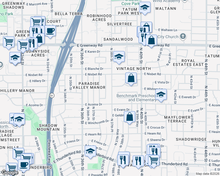 map of restaurants, bars, coffee shops, grocery stores, and more near 14802 N 38th St in Phoenix