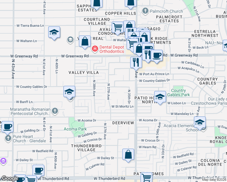 map of restaurants, bars, coffee shops, grocery stores, and more near 3628 West Banff Lane in Phoenix