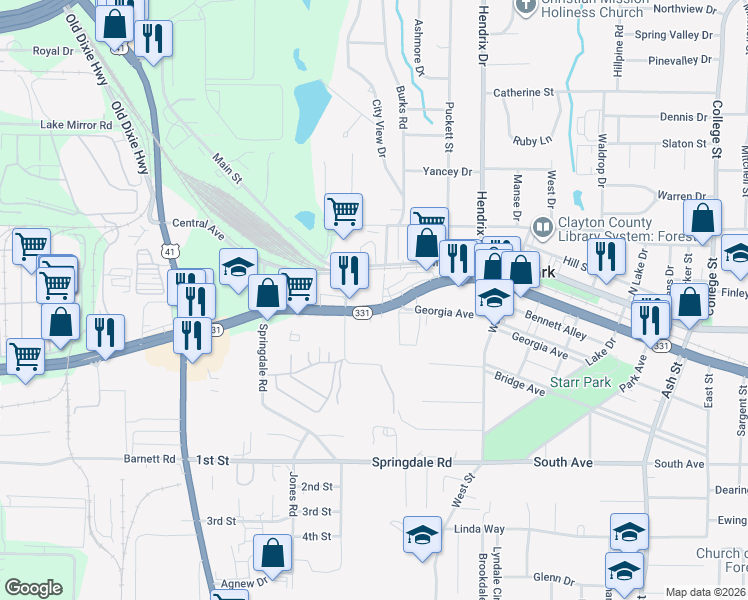 map of restaurants, bars, coffee shops, grocery stores, and more near 448 Forest Parkway in Forest Park