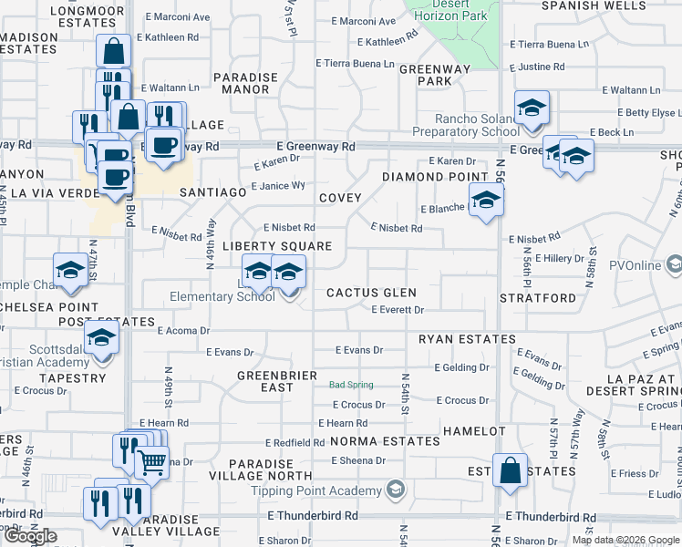 map of restaurants, bars, coffee shops, grocery stores, and more near 5302 East Claire Drive in Scottsdale
