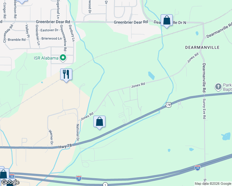 map of restaurants, bars, coffee shops, grocery stores, and more near 544 Jones Road in Anniston