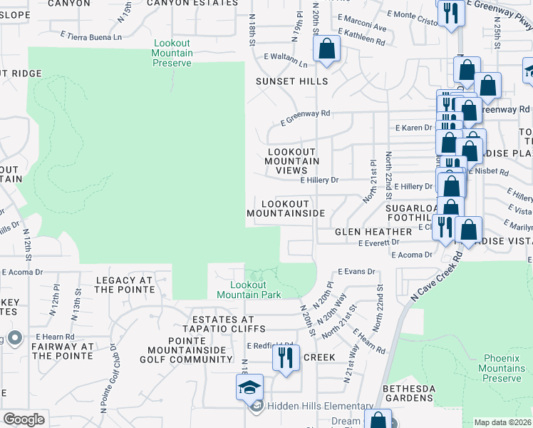 map of restaurants, bars, coffee shops, grocery stores, and more near 1831 East Marilyn Road in Phoenix