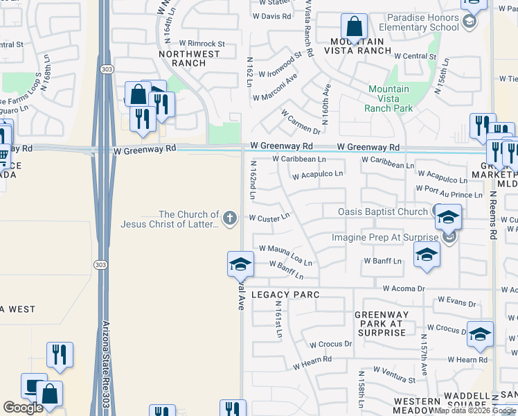 map of restaurants, bars, coffee shops, grocery stores, and more near 16243 West Maui Lane in Surprise