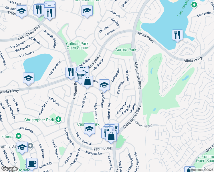 map of restaurants, bars, coffee shops, grocery stores, and more near 27255 Vía Burgos in Mission Viejo
