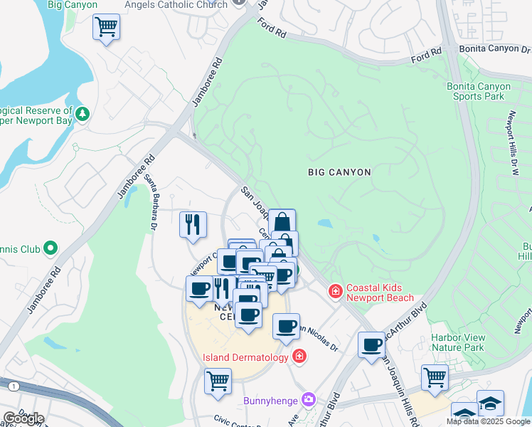 map of restaurants, bars, coffee shops, grocery stores, and more near San Joaquin Hills Road in Newport Beach