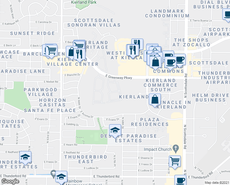 map of restaurants, bars, coffee shops, grocery stores, and more near 6735 East Greenway Parkway in Scottsdale