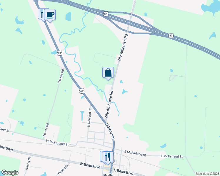 map of restaurants, bars, coffee shops, grocery stores, and more near 815 Farm to Market Road 1897 in Bells
