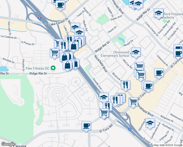 map of restaurants, bars, coffee shops, grocery stores, and more near 23956 Swan Drive in Lake Forest