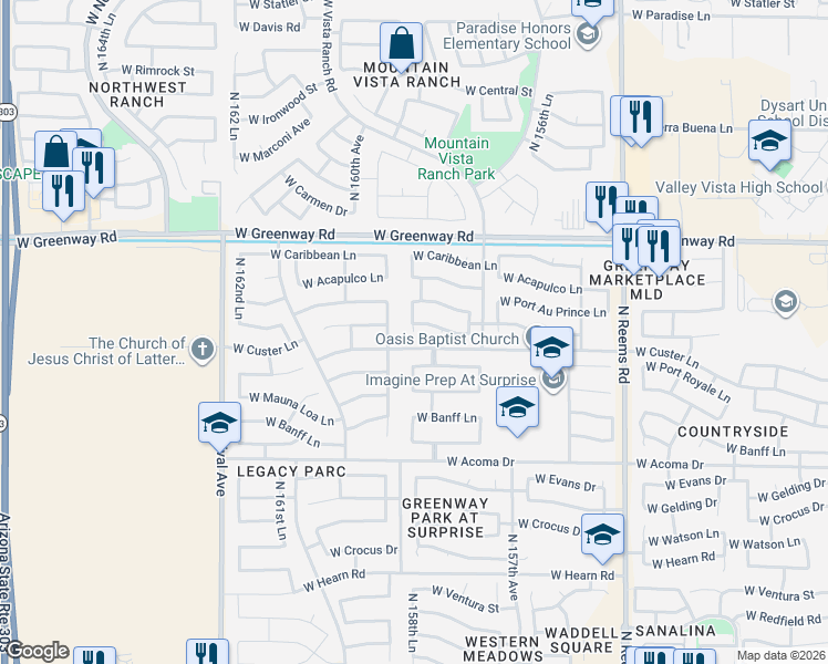 map of restaurants, bars, coffee shops, grocery stores, and more near 14856 North 158th Lane in Surprise