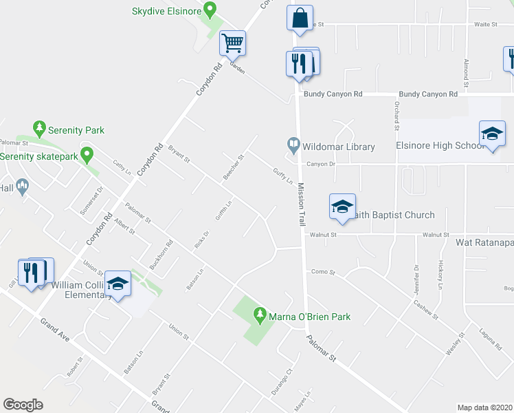 map of restaurants, bars, coffee shops, grocery stores, and more near 20422 Bryant Street in Wildomar