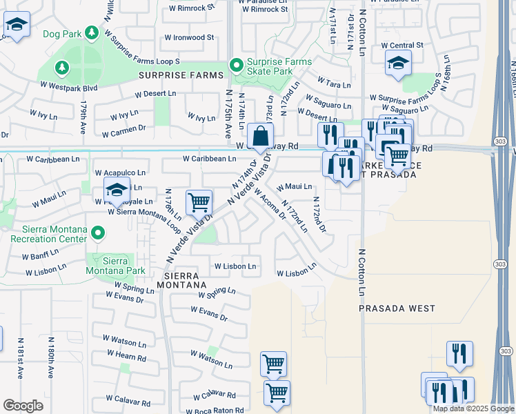 map of restaurants, bars, coffee shops, grocery stores, and more near 17380 West Langer Lane in Surprise