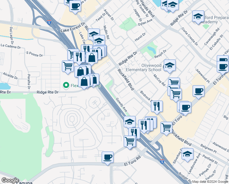 map of restaurants, bars, coffee shops, grocery stores, and more near 23956 Swan Drive in Lake Forest