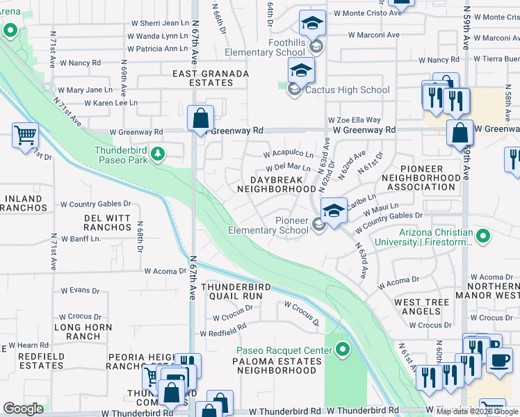 map of restaurants, bars, coffee shops, grocery stores, and more near 6519 West Port Royale Lane in Glendale