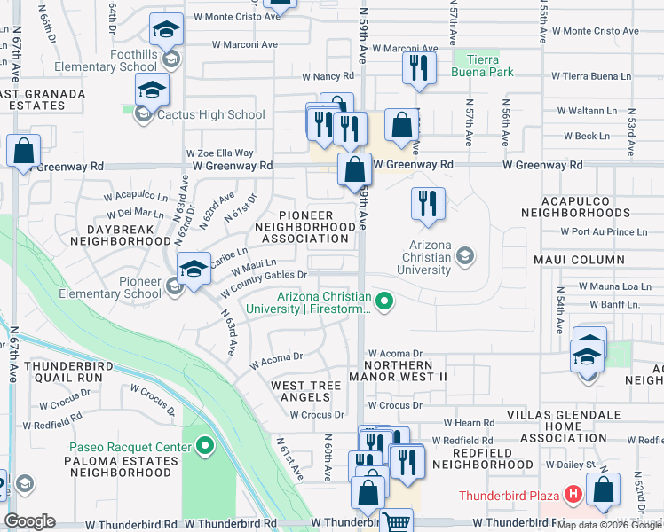 map of restaurants, bars, coffee shops, grocery stores, and more near 15010 North 59th Avenue in Glendale