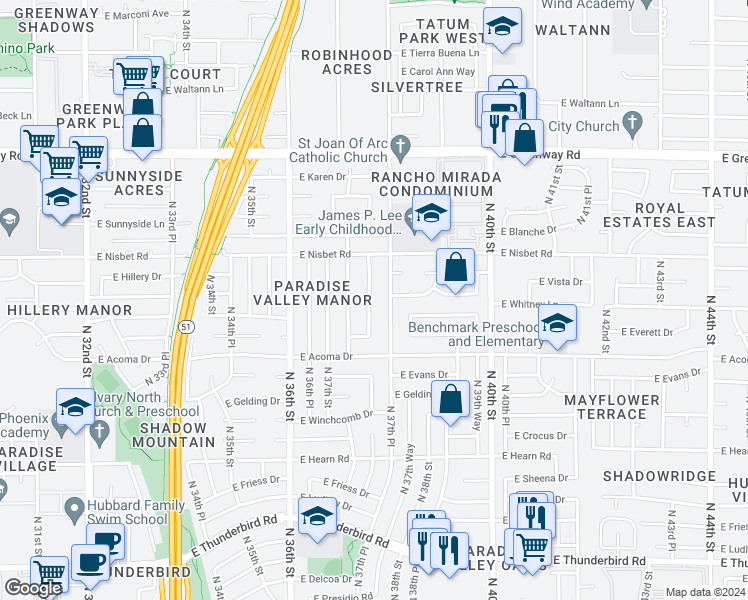 map of restaurants, bars, coffee shops, grocery stores, and more near 14801 North 37th Way in Phoenix