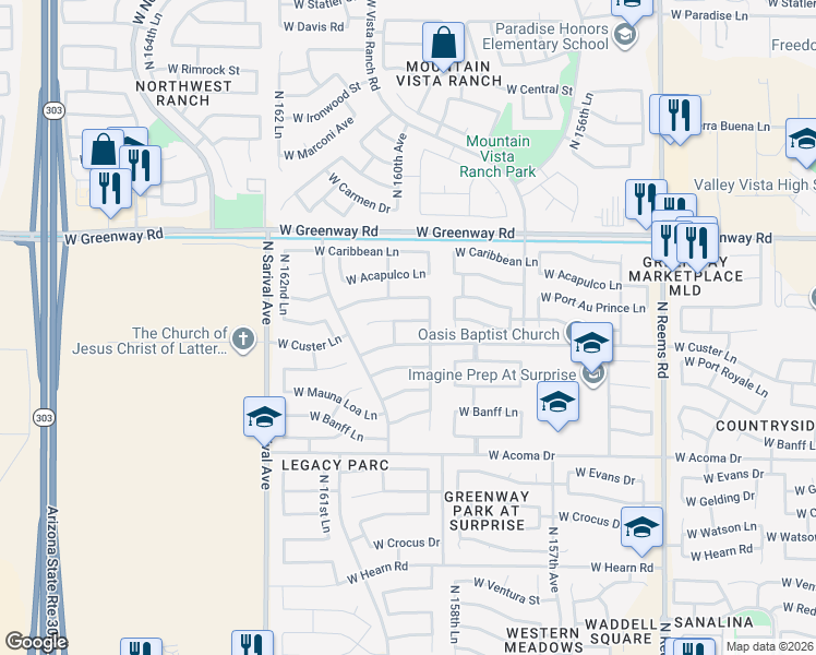 map of restaurants, bars, coffee shops, grocery stores, and more near 15935 West Maui Lane in Surprise