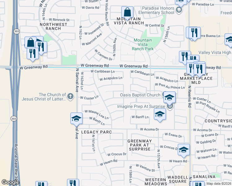 map of restaurants, bars, coffee shops, grocery stores, and more near 15935 West Maui Lane in Surprise