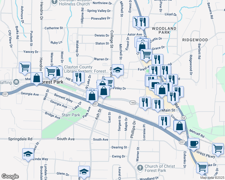 map of restaurants, bars, coffee shops, grocery stores, and more near 917 Finley Drive in Forest Park