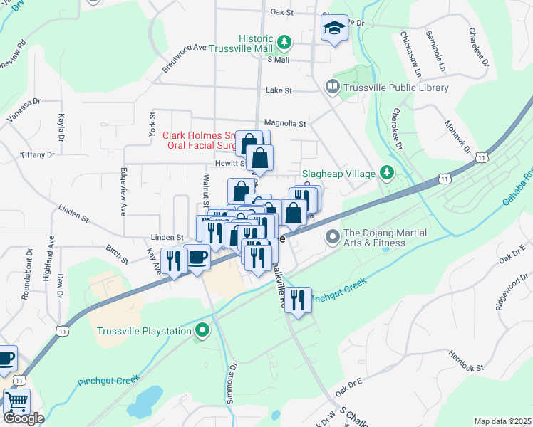 map of restaurants, bars, coffee shops, grocery stores, and more near 115 North Chalkville Road in Trussville