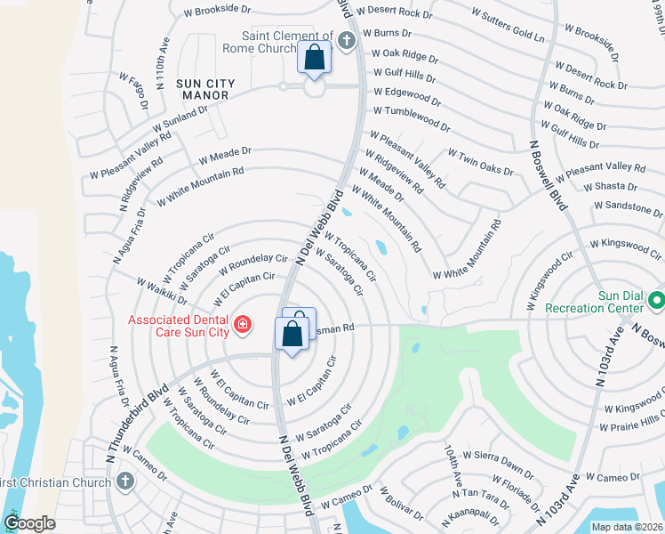 map of restaurants, bars, coffee shops, grocery stores, and more near 10637 W Saratoga Cir in Sun City