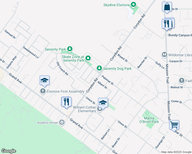 map of restaurants, bars, coffee shops, grocery stores, and more near 32420 Cape Drive in Lake Elsinore