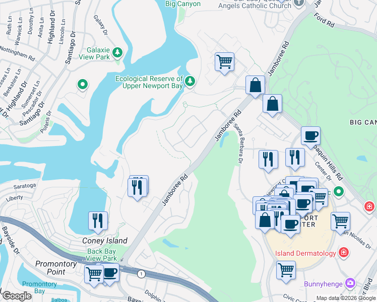 map of restaurants, bars, coffee shops, grocery stores, and more near 1410 Sea Ridge Drive in Newport Beach