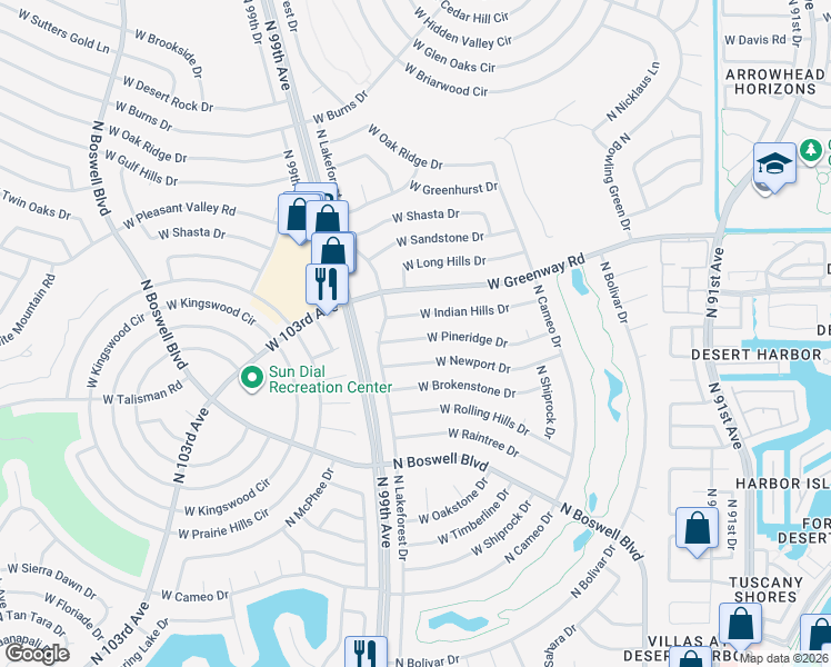 map of restaurants, bars, coffee shops, grocery stores, and more near 9620 West Pineridge Drive in Sun City