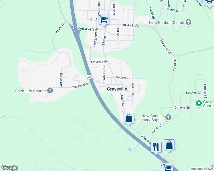 map of restaurants, bars, coffee shops, grocery stores, and more near 90 7th Court Southwest in Graysville