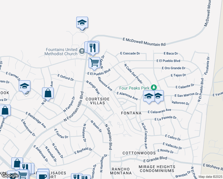 map of restaurants, bars, coffee shops, grocery stores, and more near 16920 Alamosa Avenue in Fountain Hills