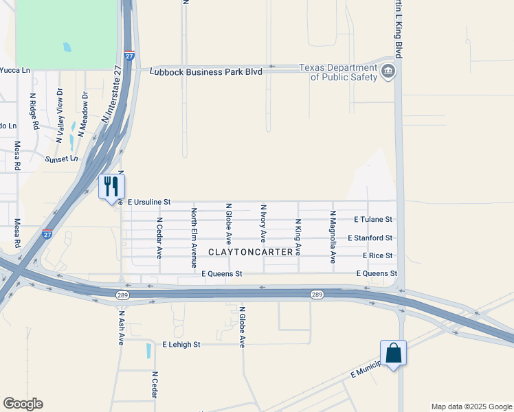 map of restaurants, bars, coffee shops, grocery stores, and more near 718 East Ursuline Street in Lubbock