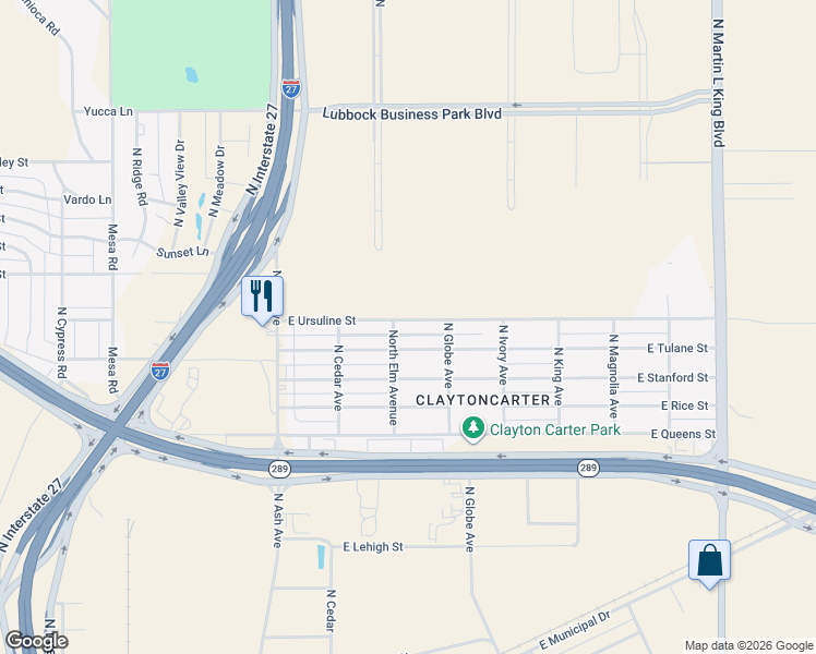 map of restaurants, bars, coffee shops, grocery stores, and more near 508 East Ursuline Street in Lubbock