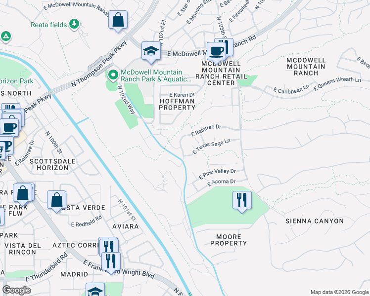 map of restaurants, bars, coffee shops, grocery stores, and more near 14872 North 103rd Place in Scottsdale