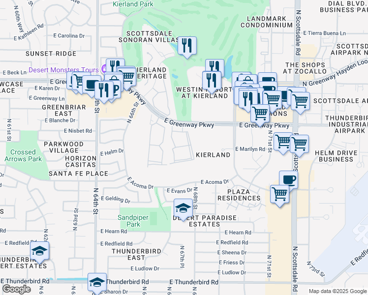 map of restaurants, bars, coffee shops, grocery stores, and more near 6735 East Greenway Parkway in Scottsdale