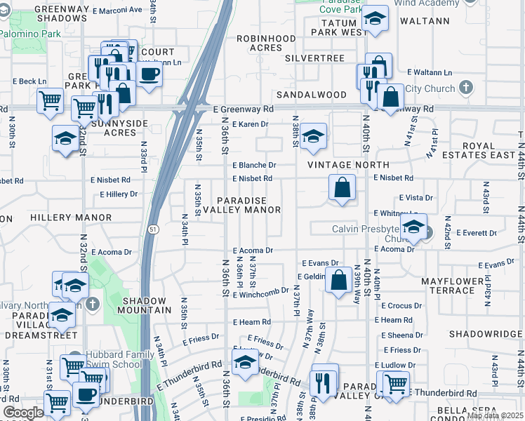 map of restaurants, bars, coffee shops, grocery stores, and more near 14649 North 37th Place in Phoenix