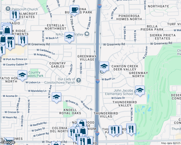 map of restaurants, bars, coffee shops, grocery stores, and more near 14830 North Black Canyon Highway in Phoenix