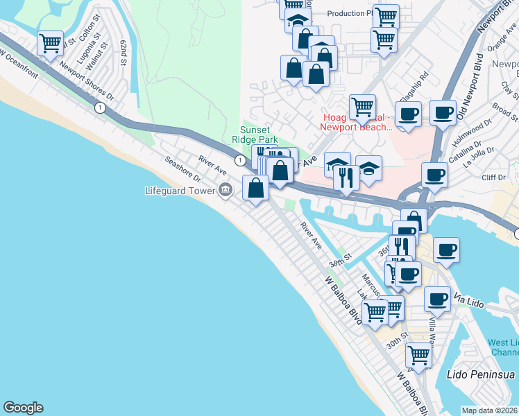 map of restaurants, bars, coffee shops, grocery stores, and more near 125 45th Street in Newport Beach