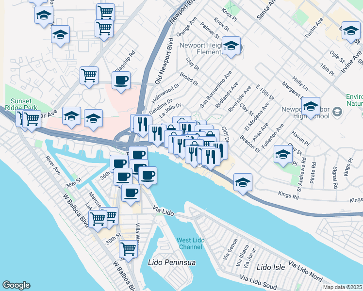 map of restaurants, bars, coffee shops, grocery stores, and more near 2902 West Coast Highway in Newport Beach