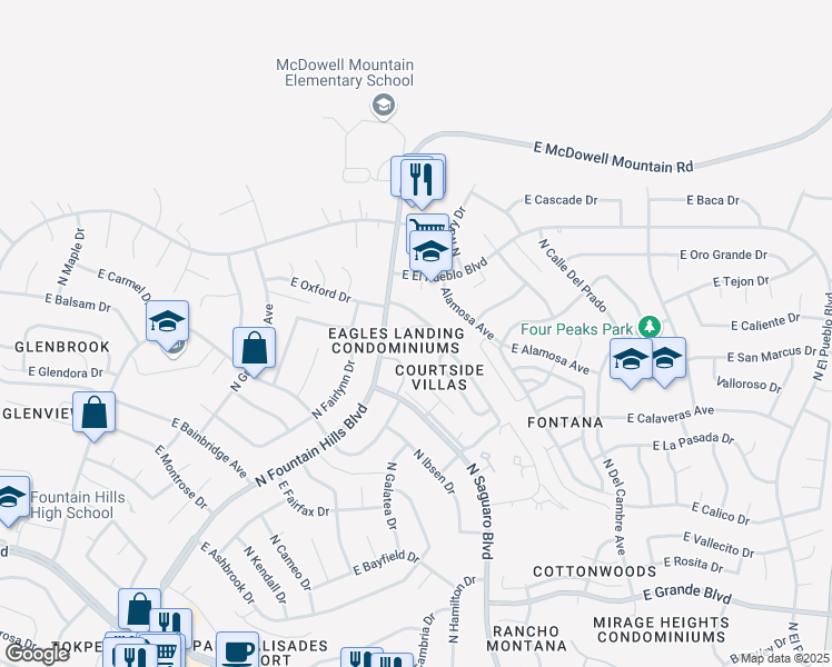 map of restaurants, bars, coffee shops, grocery stores, and more near 16819 North Kings Way in Fountain Hills