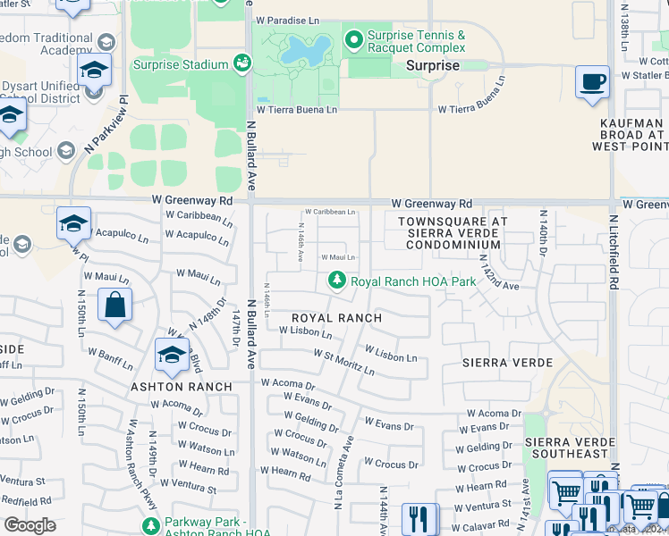 map of restaurants, bars, coffee shops, grocery stores, and more near 14558 West Port Royale Lane in Surprise