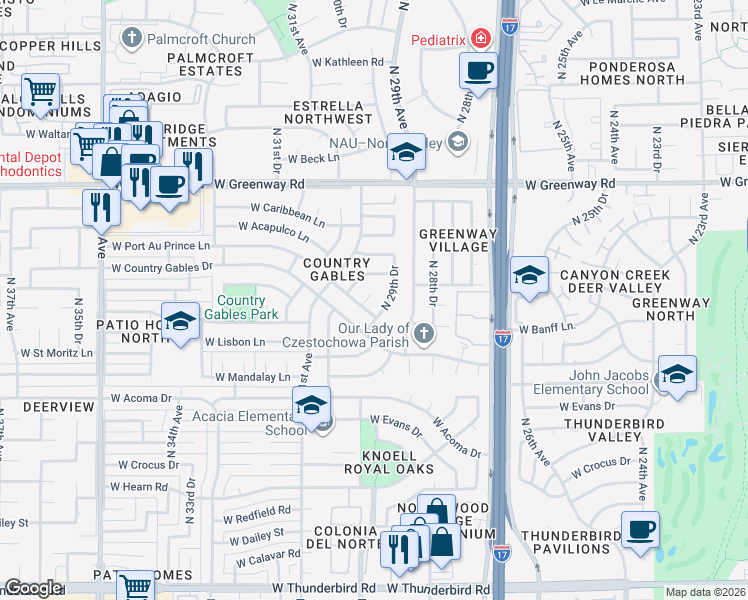 map of restaurants, bars, coffee shops, grocery stores, and more near 14829 North Danube Court in Phoenix
