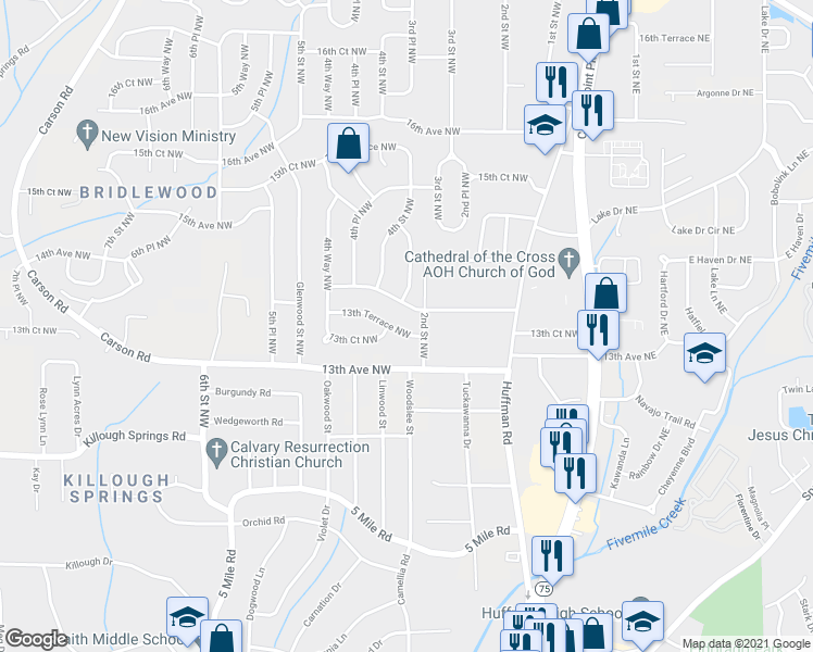 map of restaurants, bars, coffee shops, grocery stores, and more near 308 13th Terrace NW in Center Point