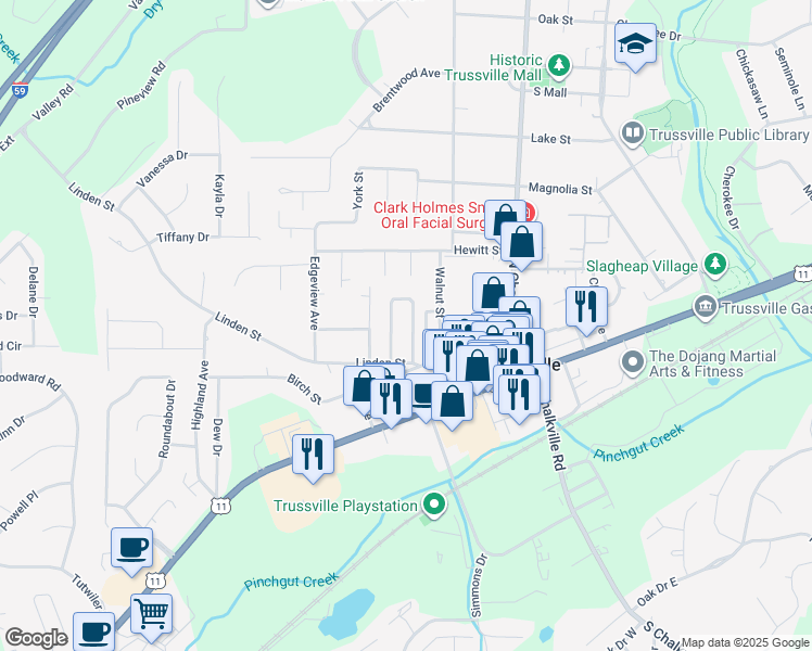 map of restaurants, bars, coffee shops, grocery stores, and more near 174 Charleston Way in Trussville