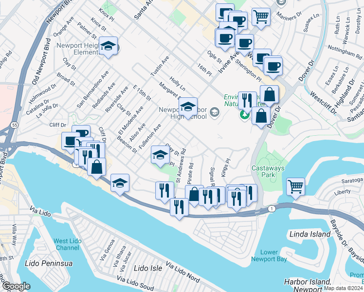 map of restaurants, bars, coffee shops, grocery stores, and more near 505 Saint Andrews Road in Newport Beach